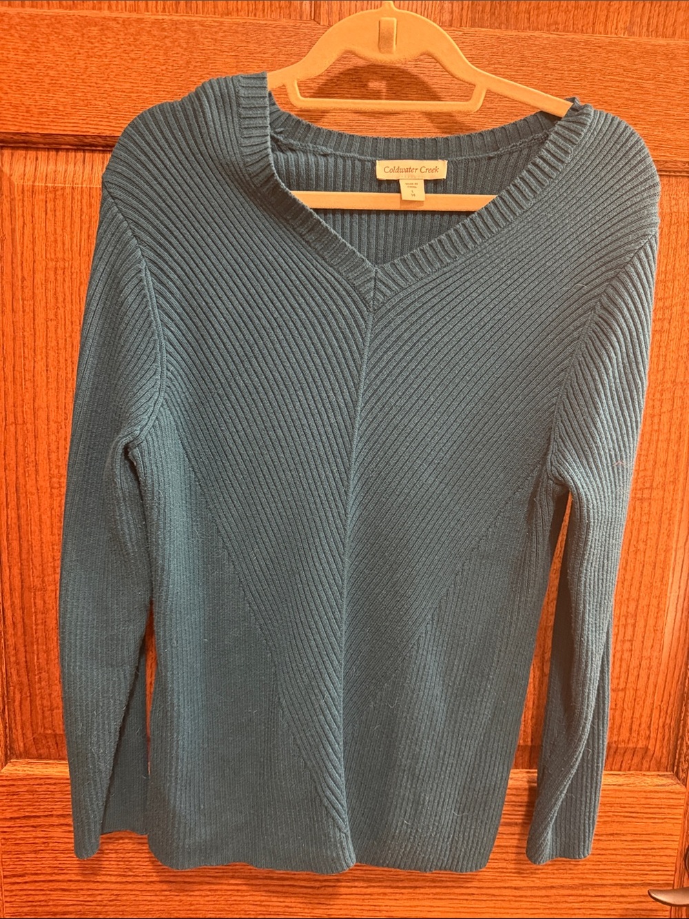 Coldwater Creek Teal V-Neck Ribbed Knit Sweater Large